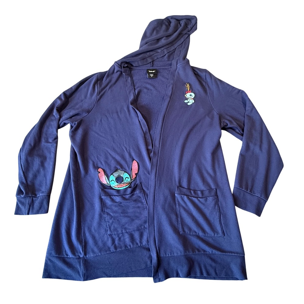 Disney Lilo & Stitch Scrump Open Front Hooded Cardigan Navy Blue‎ Size 2 XL